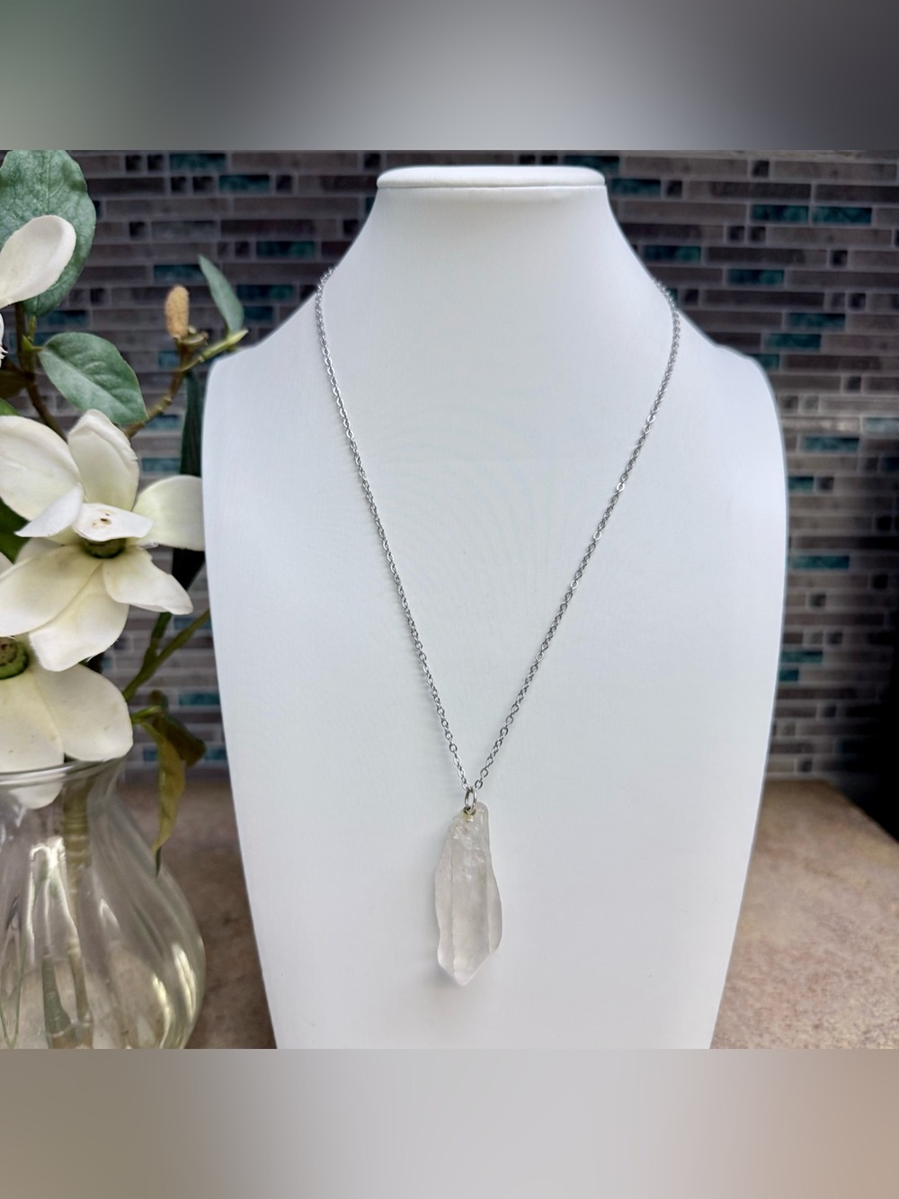 Raw natural clear quartz pendant necklace